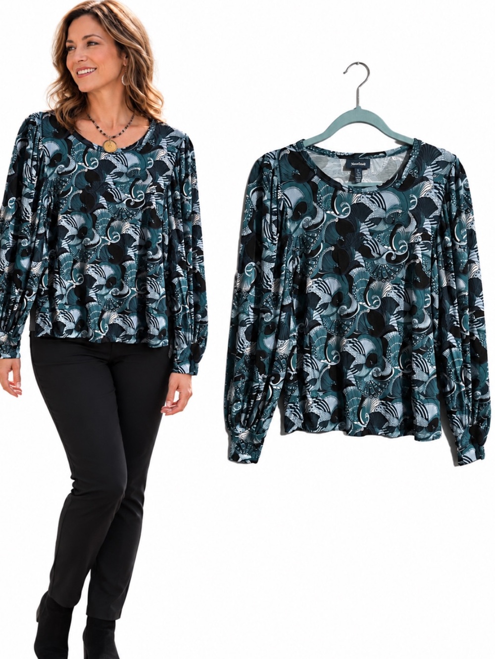 ModCloth Teal, Black and White Peacock Print Fitted Cuff Long-Sleeve Shirt